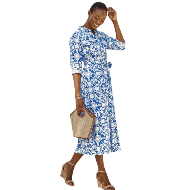 J.Jill belted linen-blend shirtdress blue white