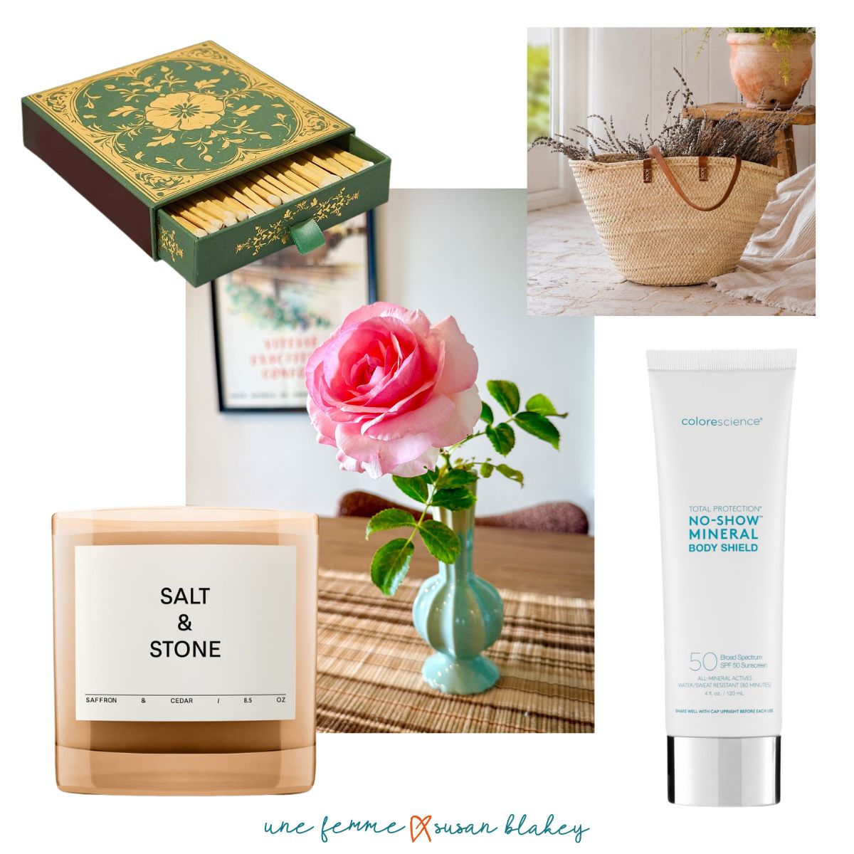 Little Luxuries I'm enjoying this summer: wooden matches in a decorative box, a French market basket, roses from my garden, subtly scented candle, moisturizing mineral sunscreen for the body.