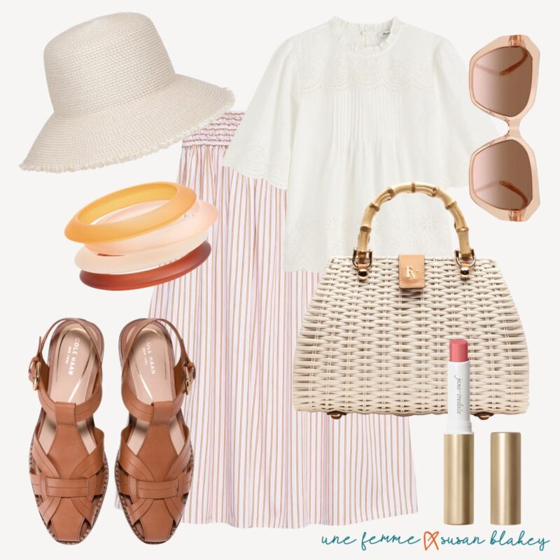 Flat lay styling ideas for fisherman sandals featuring Cole Haan cognac leather fisherman sandals paired with a pink striped midi skirt, white eyelet blouse, wicker bamboo-handle bag, straw bucket hat, resin bangles, and rose gold sunglasses.