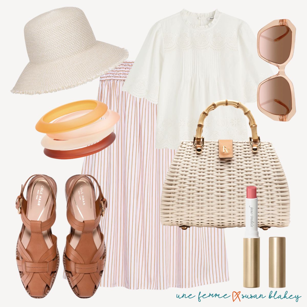 Flat lay styling ideas for fisherman sandals featuring Cole Haan cognac leather fisherman sandals paired with a pink striped midi skirt, white eyelet blouse, wicker bamboo-handle bag, straw bucket hat, resin bangles, and rose gold sunglasses.