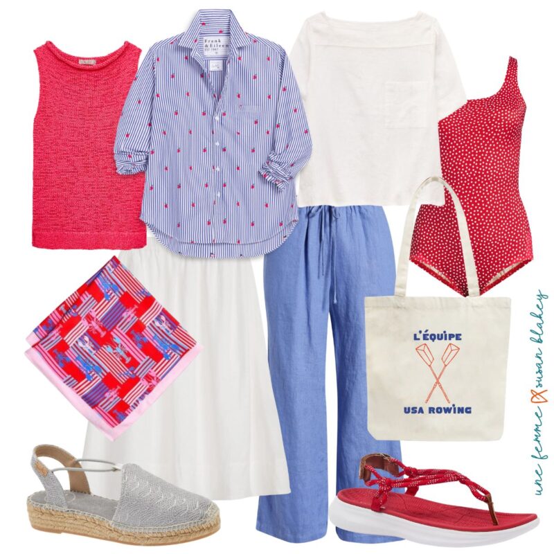 A summer getaway capsule wardrobe flat lay featuring a red knit tank, a blue-and-white striped Frank & Eileen button-down shirt with red dot details, a white linen top, blue linen drawstring pants, a white midi skirt, a red polka-dot Lands' End swimsuit, a colorful red and blue printed silk scarf, silver espadrille wedge sandals, red sport sandals, a canvas tote bag printed with "L'Équipe USA Rowing," and a red woven tote bag.