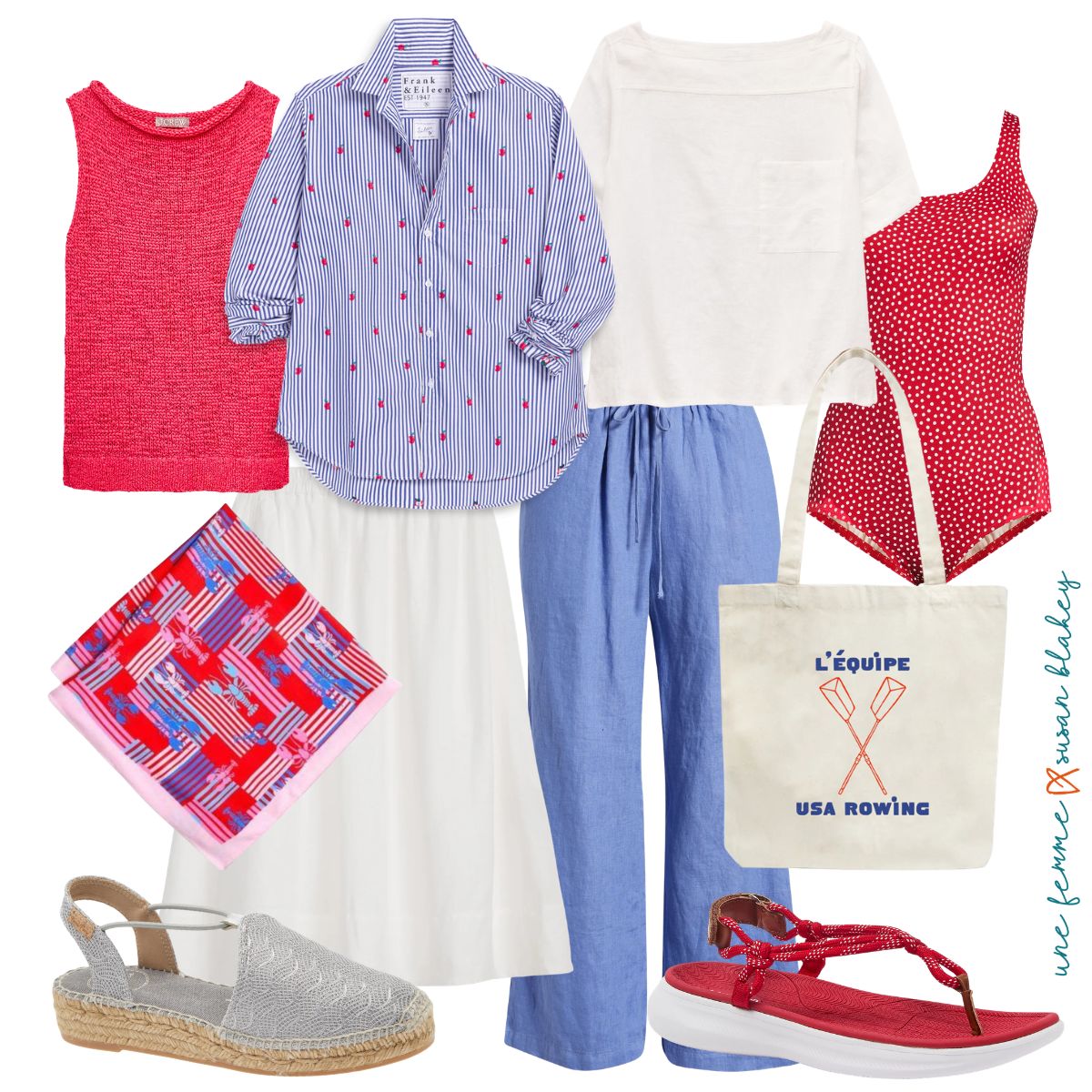 A summer getaway capsule wardrobe flat lay featuring a red knit tank, a blue-and-white striped Frank & Eileen button-down shirt with red dot details, a white linen top, blue linen drawstring pants, a white midi skirt, a red polka-dot Lands' End swimsuit, a colorful red and blue printed silk scarf, silver espadrille wedge sandals, red sport sandals, a canvas tote bag printed with "L'Équipe USA Rowing," and a red woven tote bag.