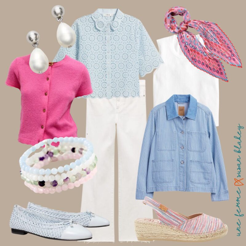 A flatlay collage of two white jeans outfit ideas in a cool color palette, featuring a pink short-sleeve cardigan with pearl drop earrings and woven ballet flats, and a blue striped jacket with a white tank, pink floral scarf, and striped espadrille wedges, styled with beaded bracelets and a light blue eyelet top as a shared piece.