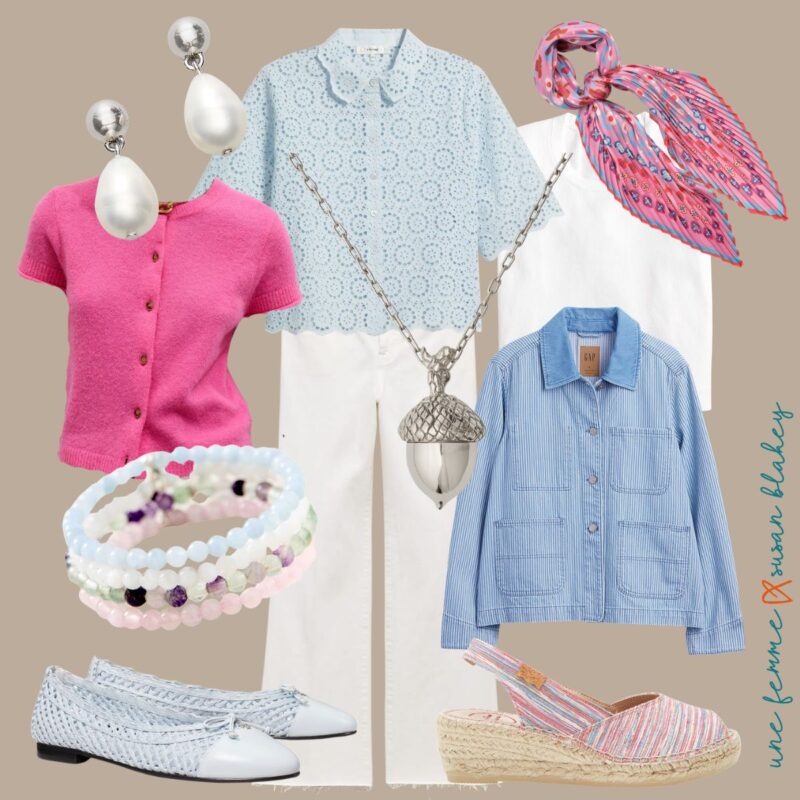 A flatlay collage of white jeans outfit ideas in a cool color palette, featuring a pink short-sleeve cardigan with pearl drop earrings and woven ballet flats, and a blue striped jacket with a white tank, pink floral scarf, and striped espadrille wedges, styled with beaded bracelets and a light blue eyelet top with a silver acorn necklace.
