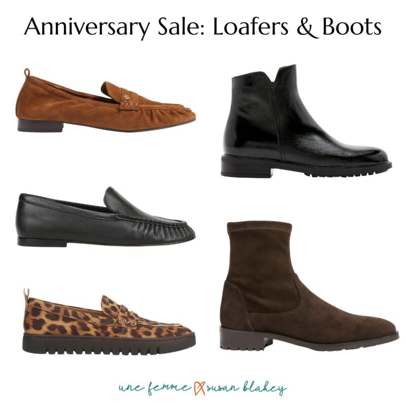 Collage of five shoes from the Nordstrom Anniversary Sale: a cognac suede loafer, a black leather loafer, a leopard print lug-sole loafer, a black patent ankle boot, and a chocolate brown suede ankle boot.