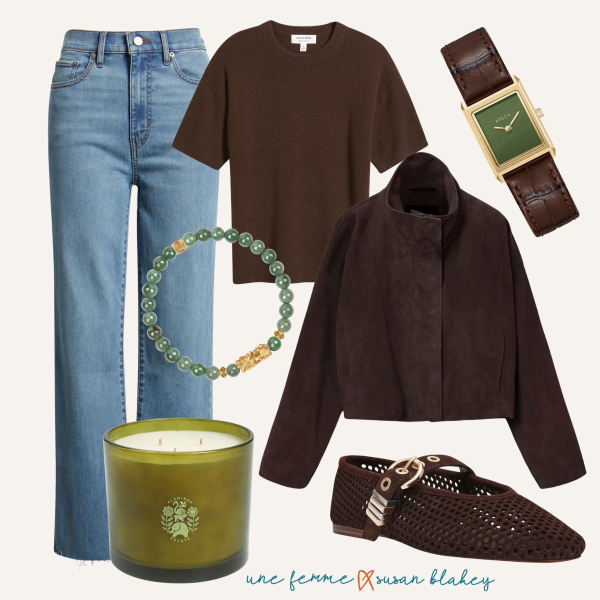 Collage of Nordstrom Anniversary Sale wish list picks: light wash straight leg jeans, brown short sleeve cashmere sweater, Breda watch with green face and brown leather strap, jade beaded bracelet with gold accents, dark brown suede jacket, green three-wick candle, and brown perforated leather Mary Jane flats.