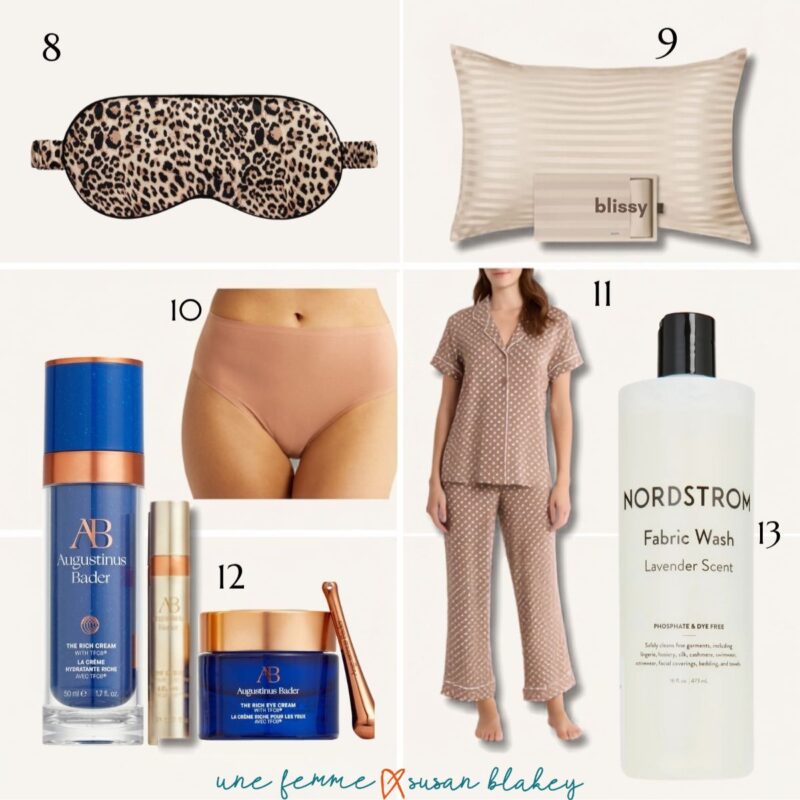 Collage of Nordstrom Anniversary Sale wish list picks: leopard print Mary Jane flats, champagne striped Blissy silk pillowcase, seamless briefs in a warm neutral shade, Augustinus Bader skincare set with The Rich Cream, brown polka dot pajama set with piping, and Nordstrom lavender scented fabric wash.
