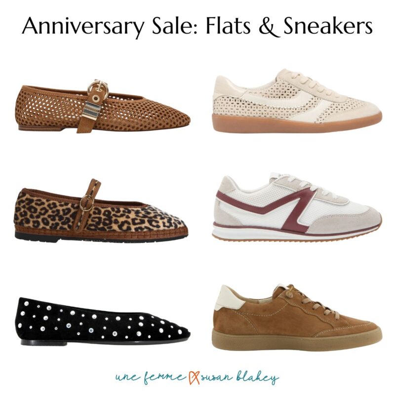 Collage of six shoes from the Nordstrom Anniversary Sale: a cognac perforated mary jane flat, a leopard print mary jane, a black studded pointed flat, two retro-style sneakers in ivory and white with burgundy accents, and a cognac suede sneaker.