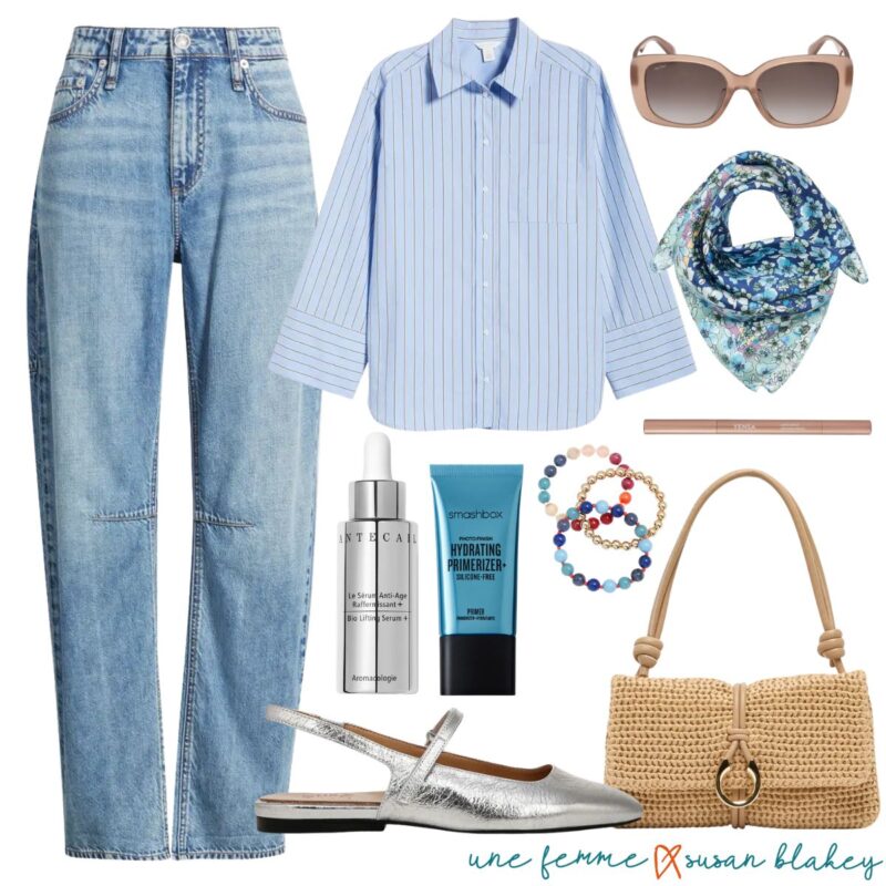 Outfit collage with straight-leg light-wash jeans, a blue and white striped button-up shirt, a blue floral silk scarf, taupe rectangular sunglasses, silver slingback flats, a woven raffia shoulder bag, colorful beaded bracelets, a hydrating makeup primer, firming serum, and a brow pencil.