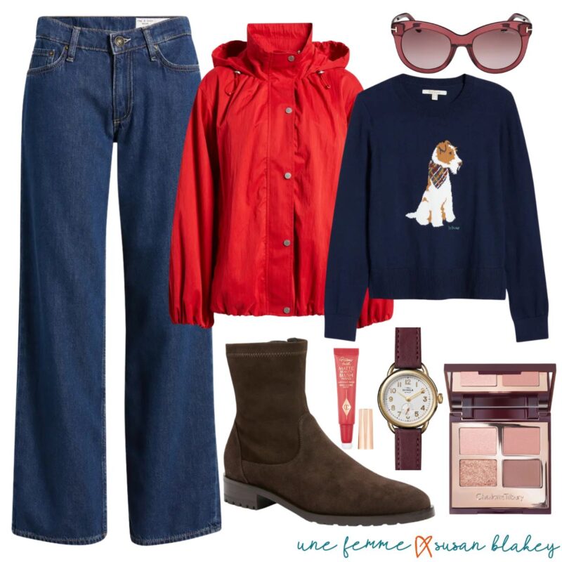 Outfit collage with wide-leg dark-wash jeans, a red hooded jacket, a navy sweater with a terrier dog motif, brown suede ankle boots, burgundy cat-eye sunglasses, a gold watch with a burgundy leather strap, a red liquid blush wand, and a pink eyeshadow quad.