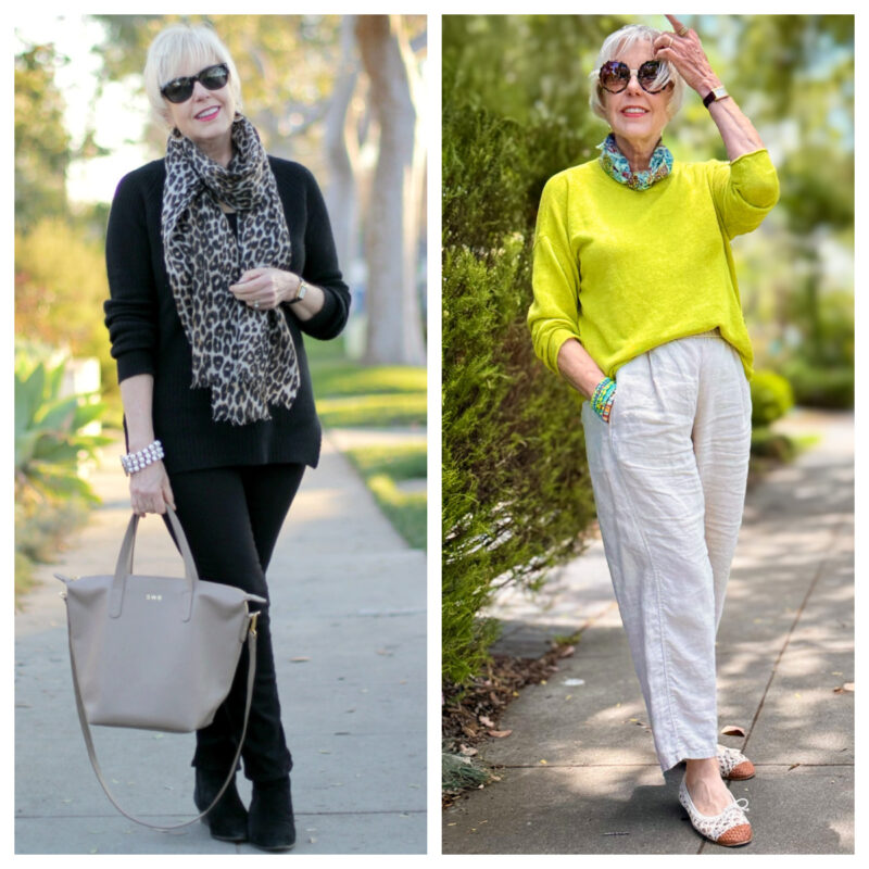Side-by-side collage showing style evolution: on the left, a woman in an all-black outfit with a leopard print scarf and taupe tote; on the right, the same woman in a citron linen sweater, natural linen pants, and colorful bead bracelets.