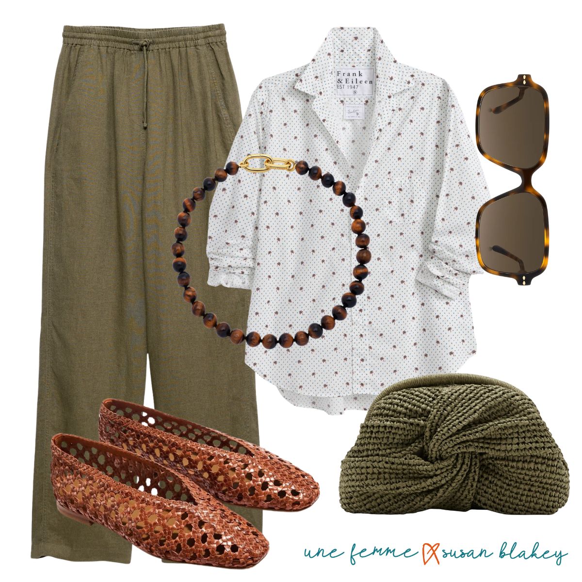 Summer outfit collage: olive linen drawstring pants, a white Frank & Eileen shirt with a small palm tree print, tortoise sunglasses, a tiger's eye bead necklace with gold link detail, cognac woven leather flats, and an olive raffia clutch.