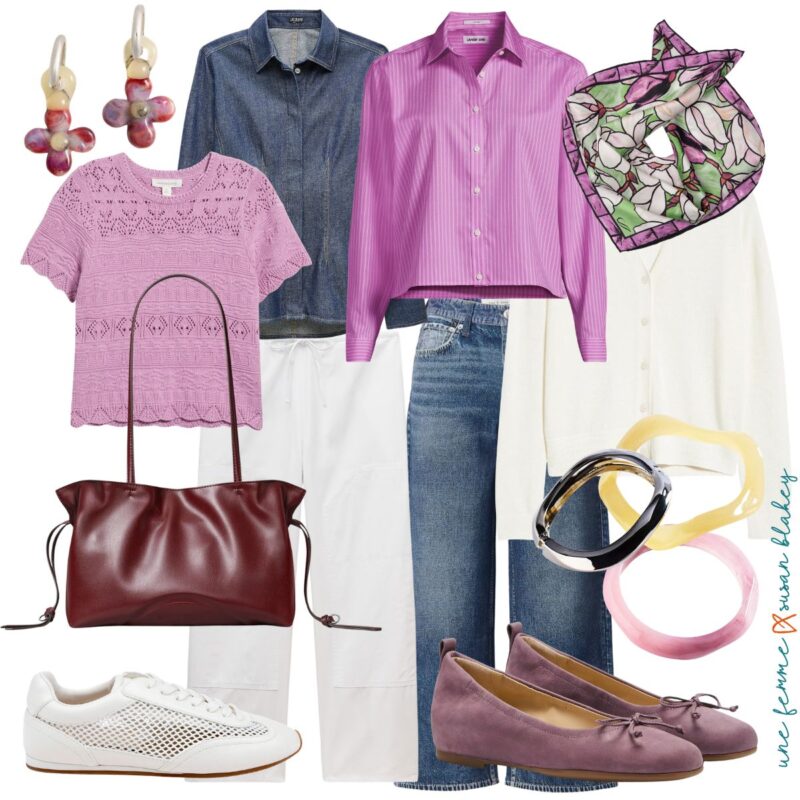 Cool-palette weekend capsule: pink crochet top, denim jacket, white cargo pants, striped pink shirt, and wide-leg jeans, styled with burgundy and mauve accessories.