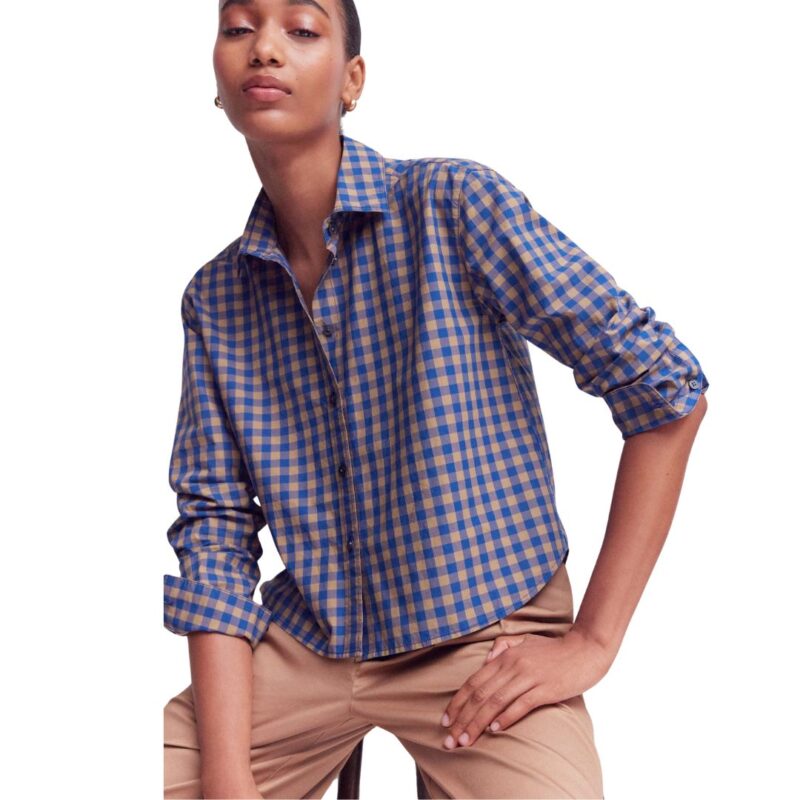 Boden cropped shirt in blue and camel gingham print.