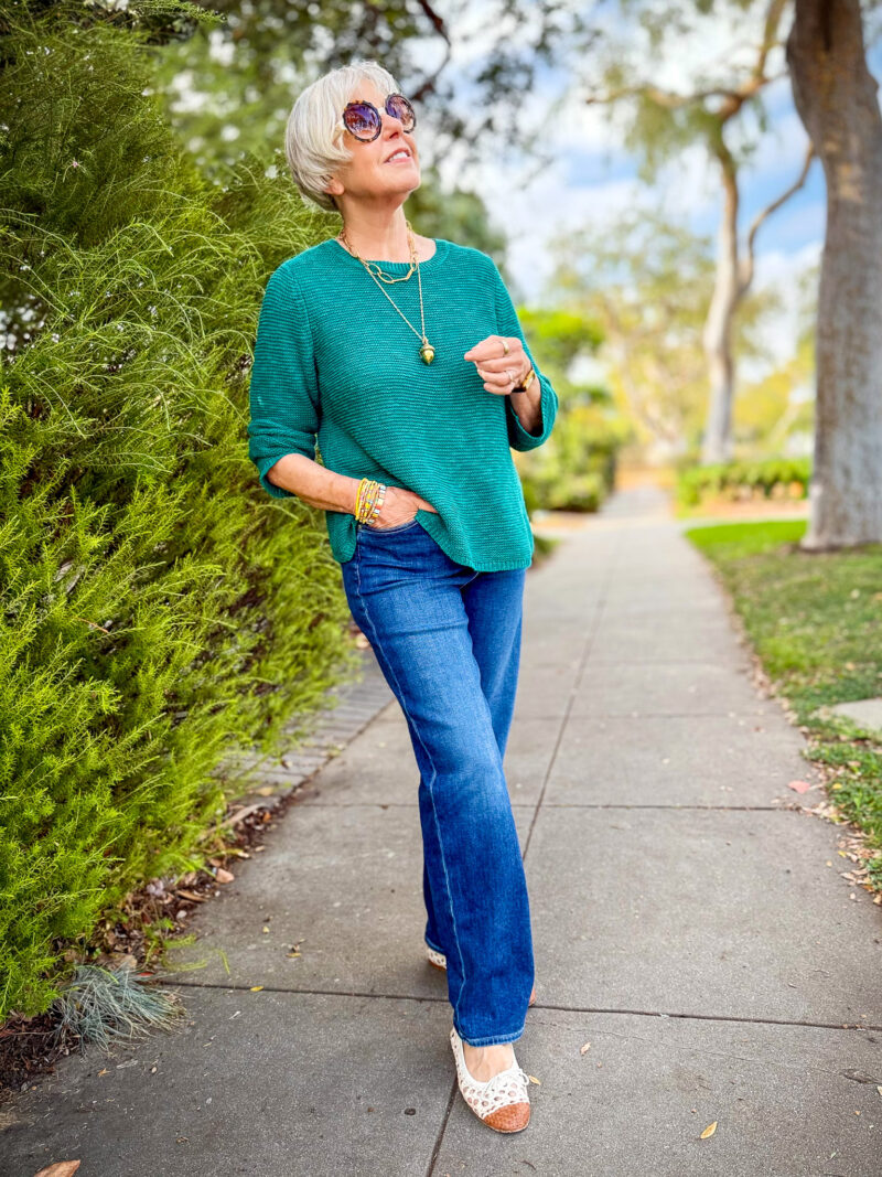Teal Eileen Fisher linen-cotton sweater styled with jeans for fall