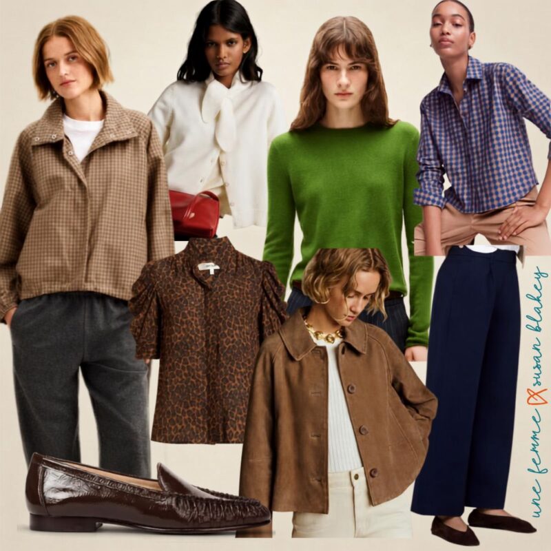 Collage of fall wardrobe pieces including a checked jacket, cream cardigan, green cashmere sweater, leopard print top, suede jacket, and wide-leg trousers.