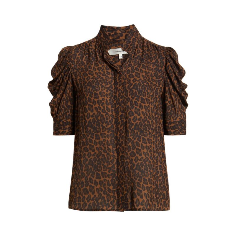 Frame Gillian short-sleeve silk blouse in leopard print.