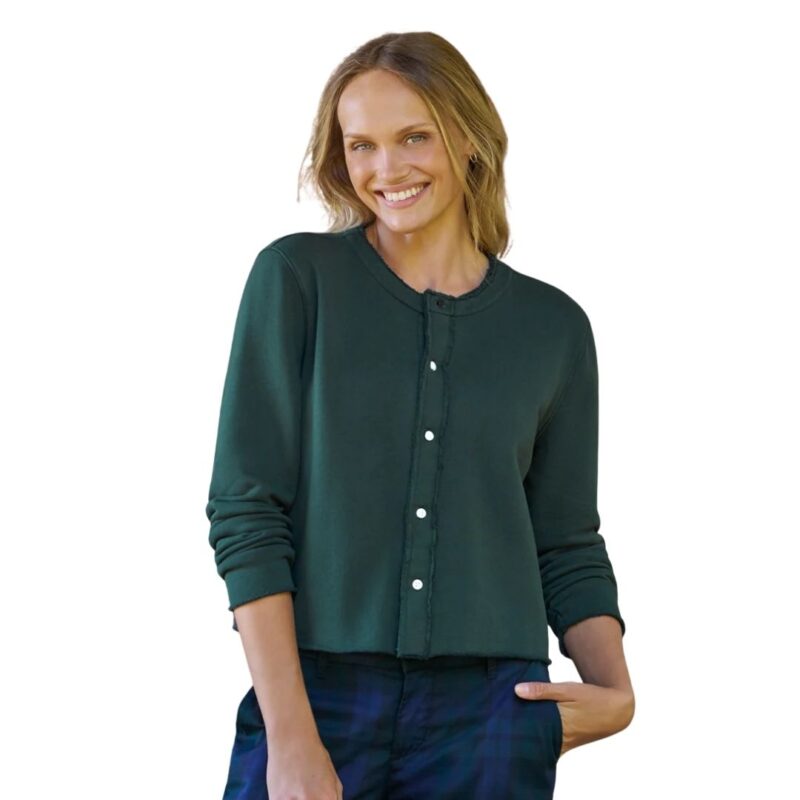 Frank & Eileen cotton terry cardigan in Pine green.
