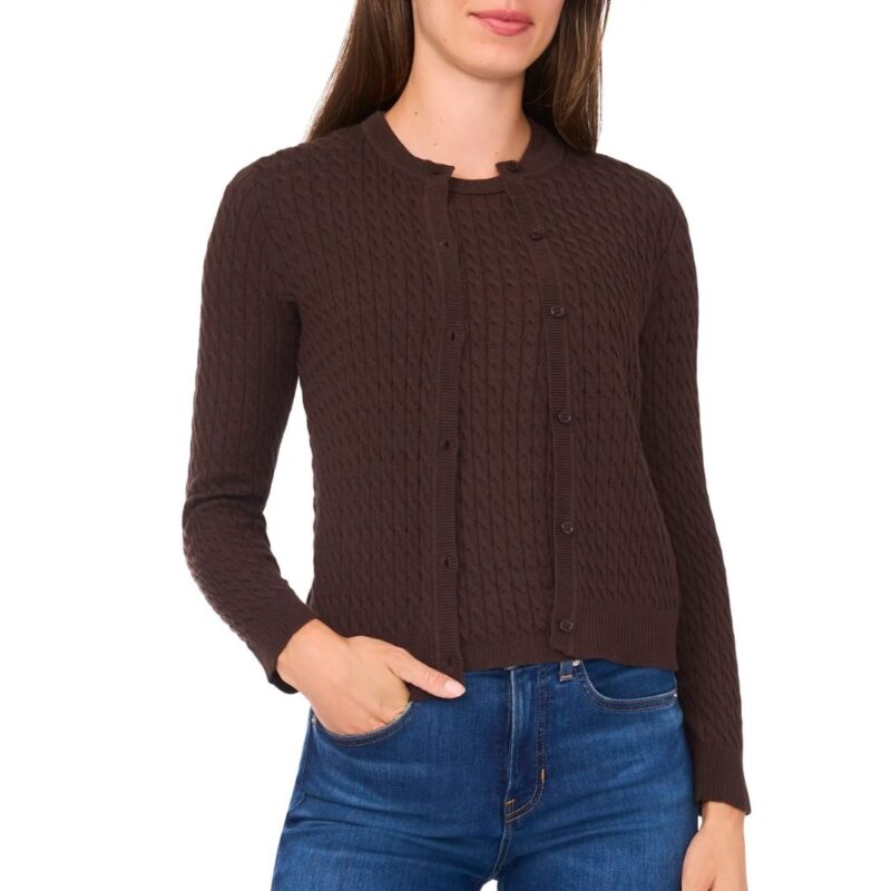 Halogen cotton cableknit cardigan and matching shell in dark brown
