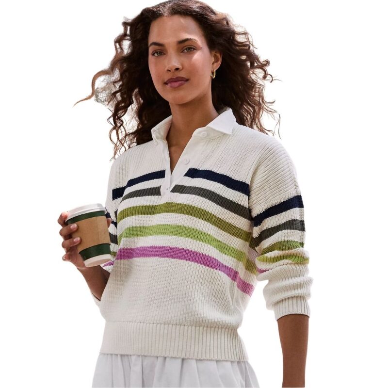 Lands' End cotton Drifter rugby sweater in multi-colored stripe.
