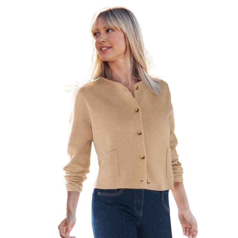 Lands' End Milano cotton cardigan in camel.