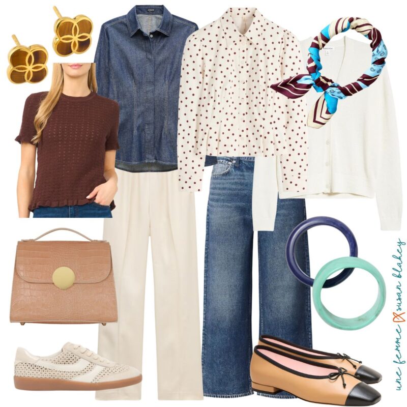 Flat lay of a warm-toned casual capsule wardrobe: brown knit top, denim shirt jacket, cream wide-leg trousers, polka dot blouse, wide-leg jeans, cream cardigan, striped silk scarf, tiger's eye earrings, tan croc-embossed bag, cream sneakers, and tan-and-black cap-toe flats.