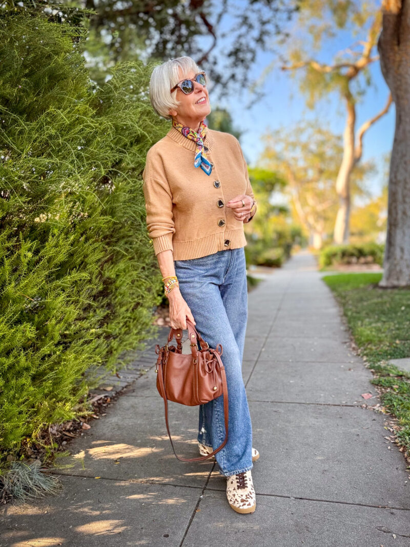 Quince cotton cardigan styled with Rag & Bone Miramar wide-leg jeans