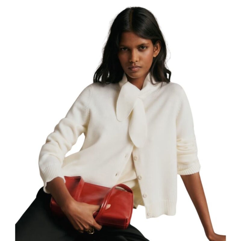 Sézane Amelie tie neck merino cardigan, ivory.