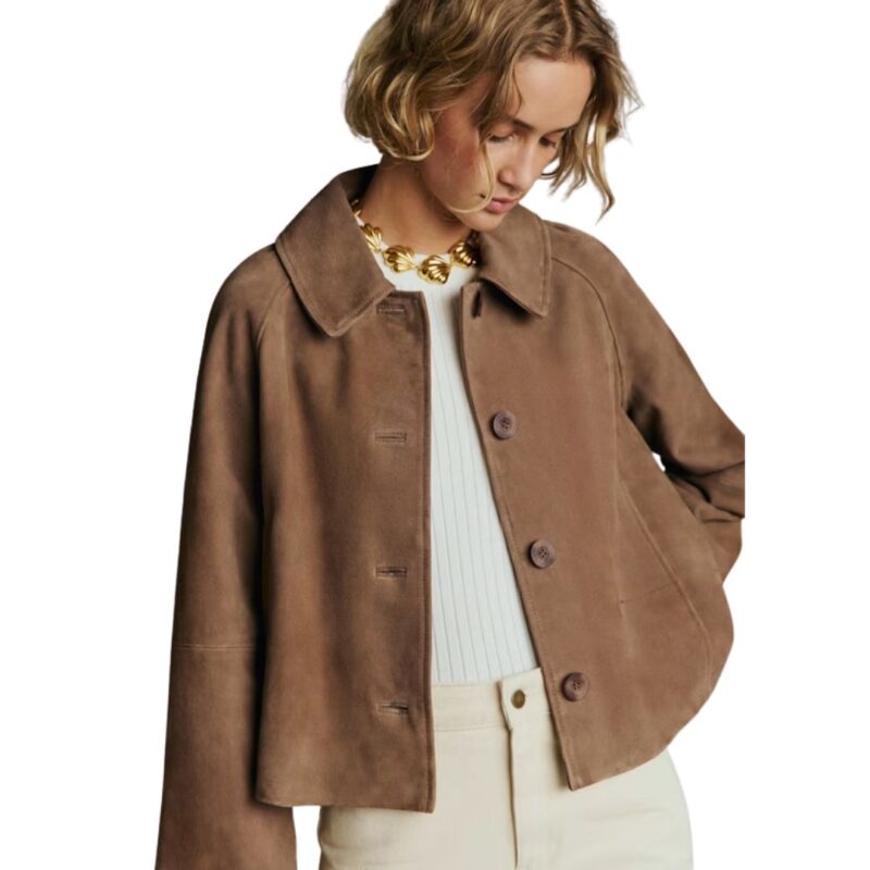 Sézane Robb jacket in taupe suede.