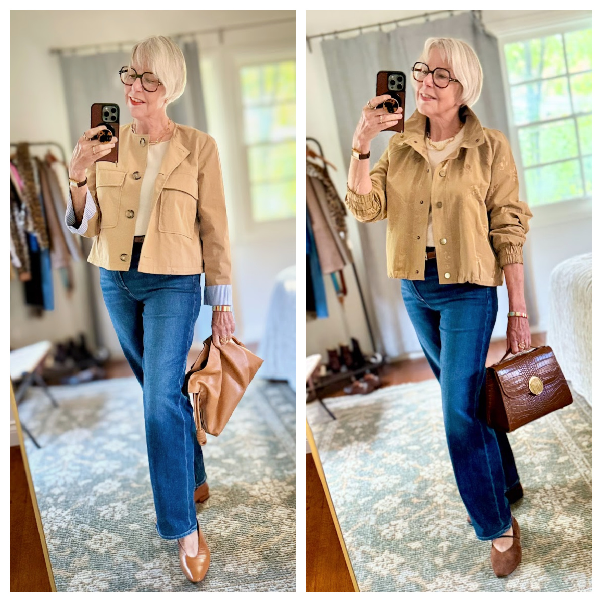 Side-by-side outfits show Susan in straight-leg jeans with a smooth utility jacket and leather clutch on the left, and a textured jacquard jacket, suede flats, and croc-embossed bag on the right.