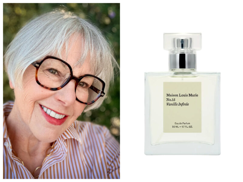 Woman wearing a rich fall lipstick alongside Maison Louis Marie No. 15 Vanille Infinie Eau de Parfum.