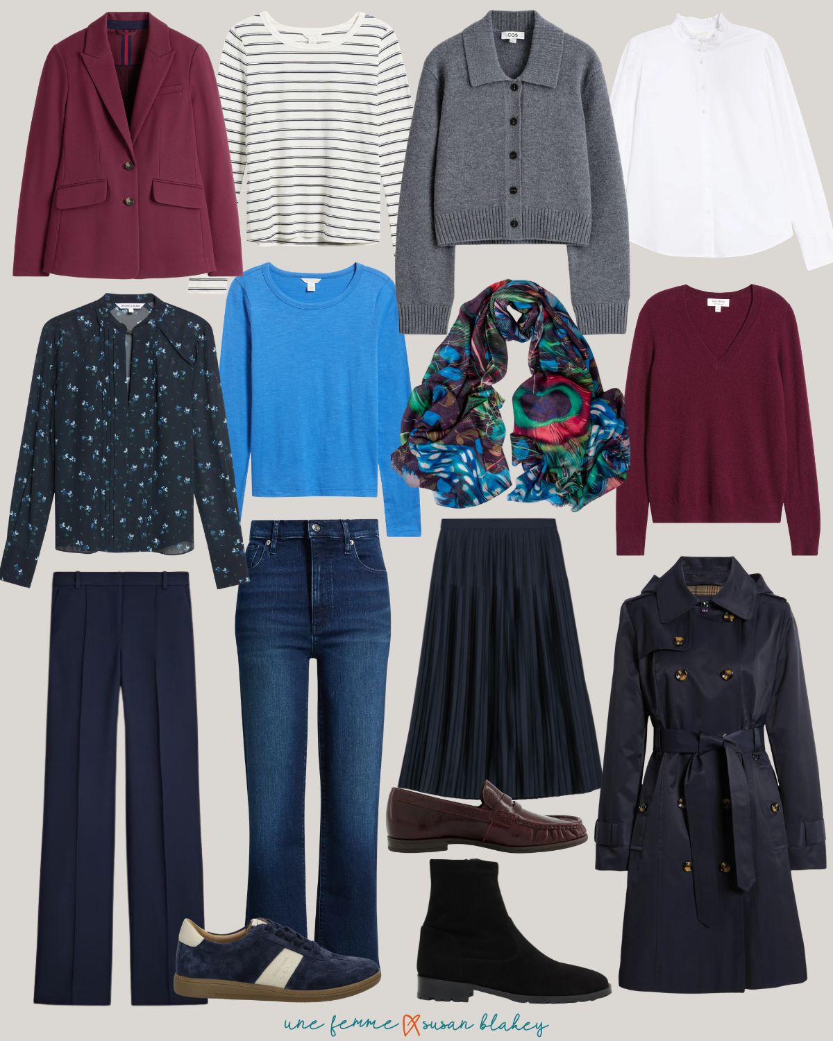 Fall travel capsule wardrobe in a cool color palette with navy, burgundy, blue, gray and white pieces.