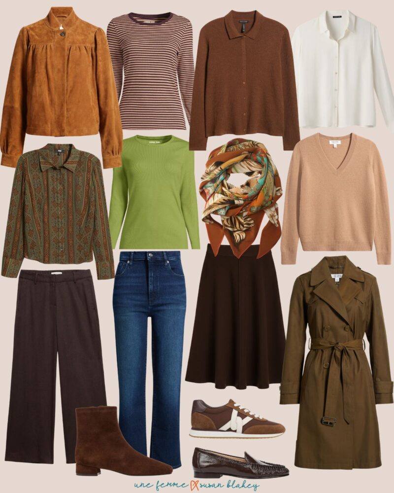 Fall travel capsule wardrobe in a warm color palette with brown, olive, green, camel and cream pieces.
