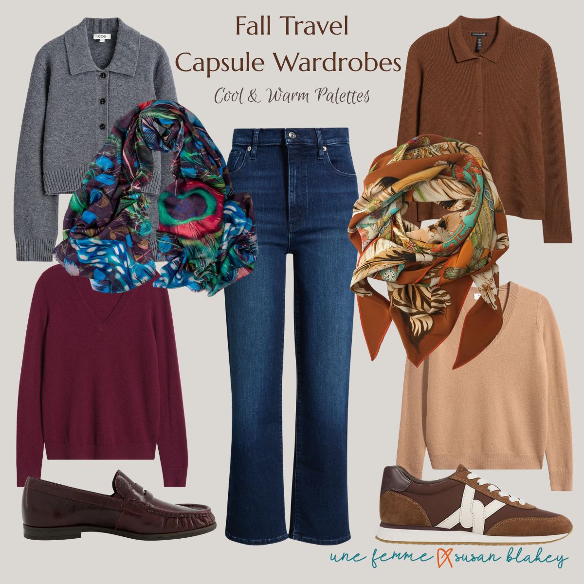 Fall travel capsule wardrobes in cool and warm color palettes with coordinating clothing, scarves and shoes.