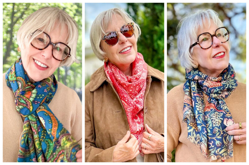 Susan B. wears three Liberty print cashmere-silk scarves: blue paisley, red feather print, and blue Strawberry Thief print.