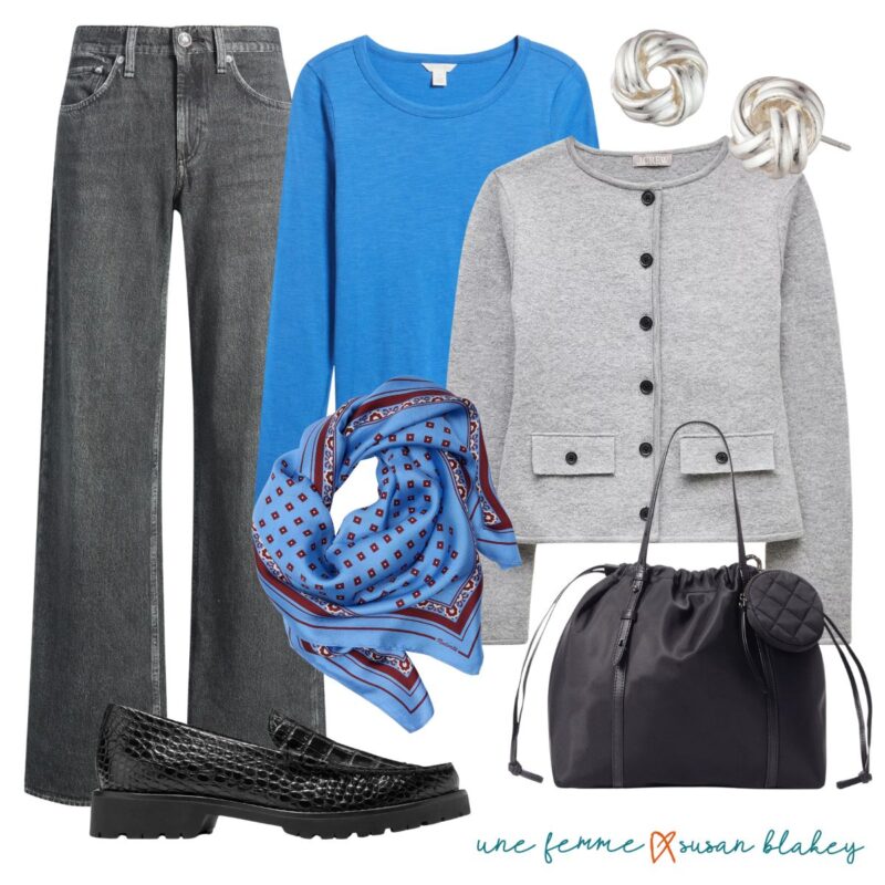 Outfit collage featuring gray jeans and a cardigan with a bright blue top and scarf, black loafers and bag, and silver earrings.