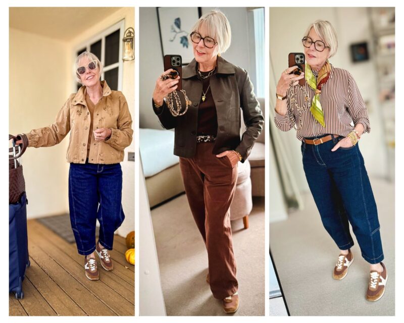 Three fall travel outfits on Susan: tan embroidered jacket with dark blue barrel jeans and brown sneakers; dark leather jacket with brown trousers; striped shirt with jeans and a green silk scarf.