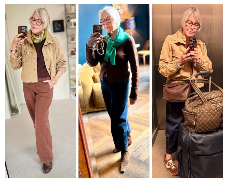 Susan’s fall travel outfits: tan jacket with rust trousers and a green scarf; brown cardigan with jeans, ankle boots and a teal scarf; tan jacket with jeans and sneakers beside her luggage.
