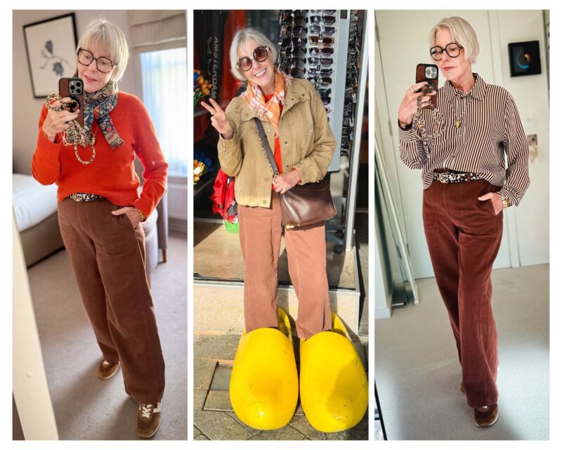 Susan styles rust trousers three ways: with an orange sweater and patterned scarf; a tan jacket and orange scarf while posing in oversized yellow clogs; and a brown-and-white striped shirt with a leopard-print belt.
