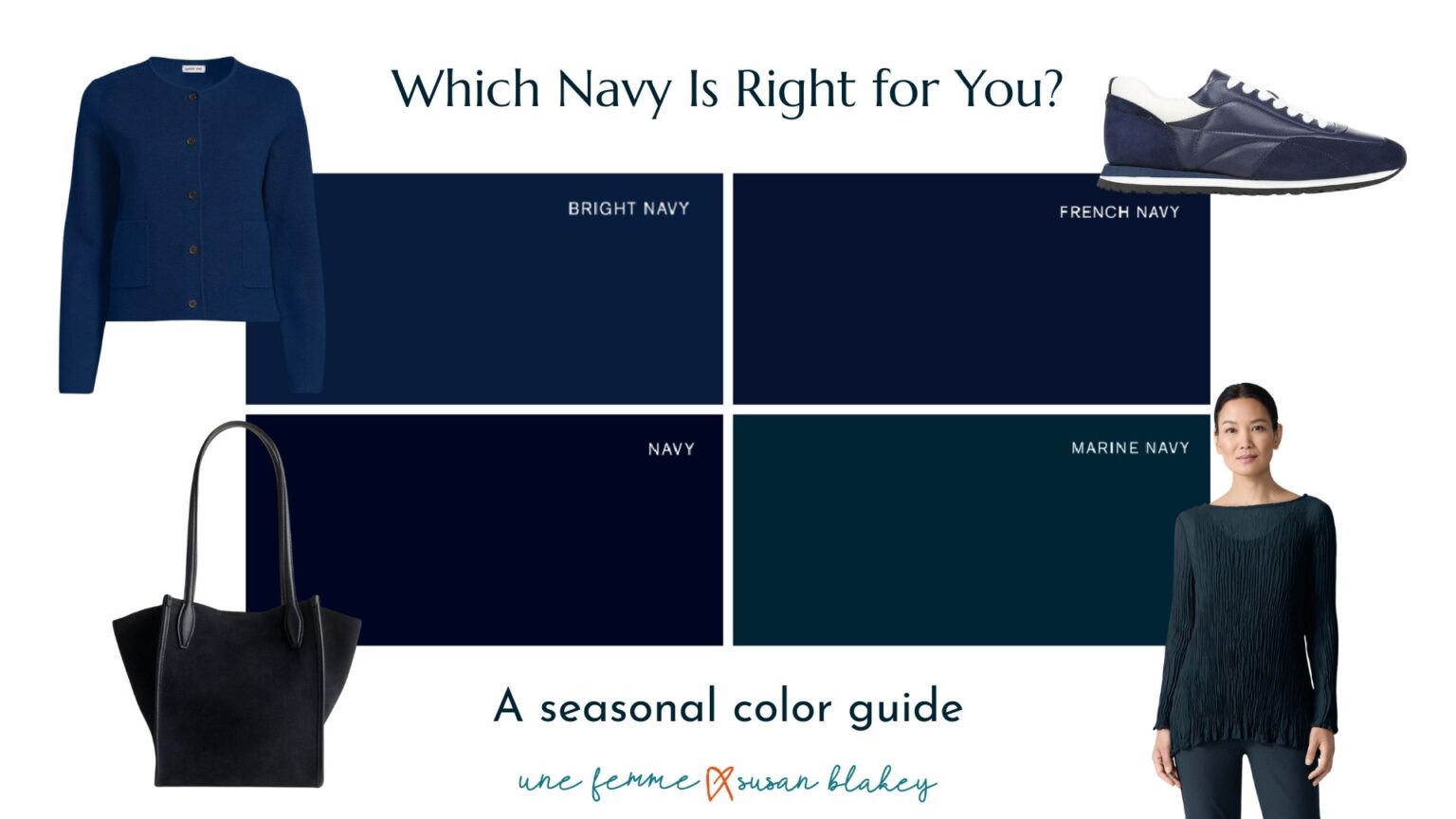 Four shades of navy by color season: Bright Navy (Spring), French Navy (Summer), Navy (Winter), and Marine Navy (Autumn), shown with coordinating clothing and accessories.