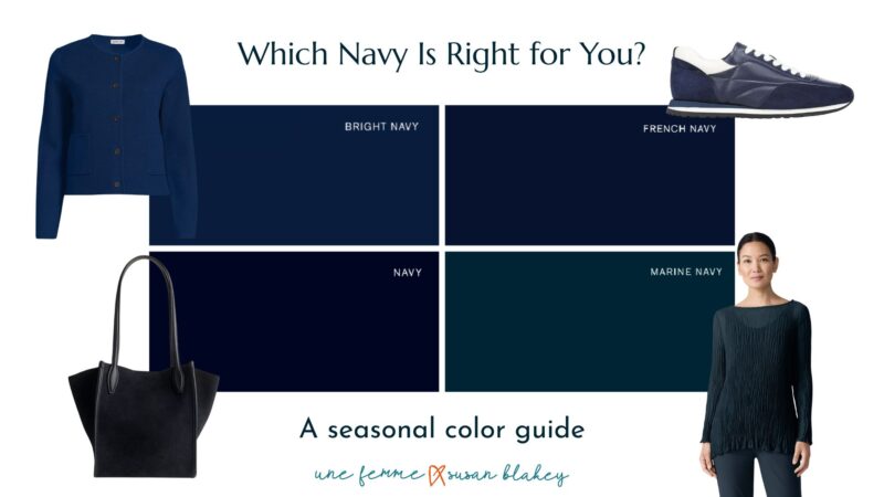 Four shades of navy by color season: Bright Navy (Spring), French Navy (Summer), Navy (Winter), and Marine Navy (Autumn), shown with coordinating clothing and accessories.