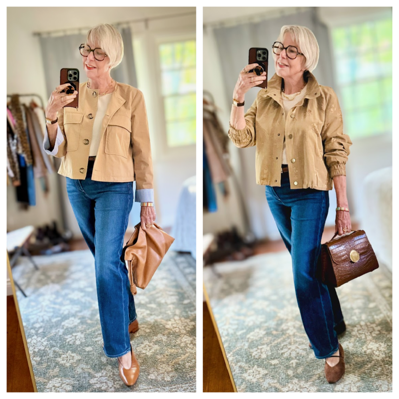 Side-by-side outfits show Susan in straight-leg jeans with a smooth utility jacket and leather clutch on the left, and a textured jacquard jacket, suede flats, and croc-embossed bag on the right.