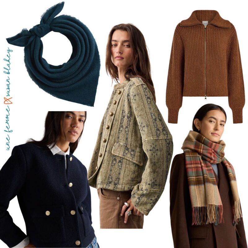 Collage of five fall fashion finds: a dark teal knotted scarf, navy jacket with gold buttons, olive tapestry pattern jacket, brown ribbed zip cardigan, and fringed plaid scarf in tan, brown, blue, and red.