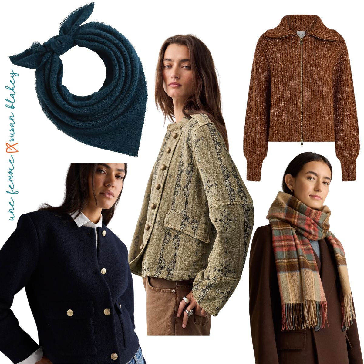 Collage of five fall fashion finds: a dark teal knotted scarf, navy jacket with gold buttons, olive tapestry pattern jacket, brown ribbed zip cardigan, and fringed plaid scarf in tan, brown, blue, and red.