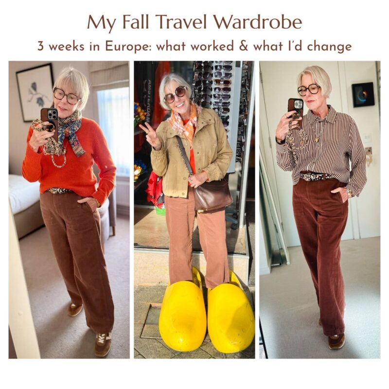 Susan styles rust trousers three ways: with an orange sweater and patterned scarf; a tan jacket and orange scarf while posing in oversized yellow clogs; and a brown-and-white striped shirt with a leopard-print belt.