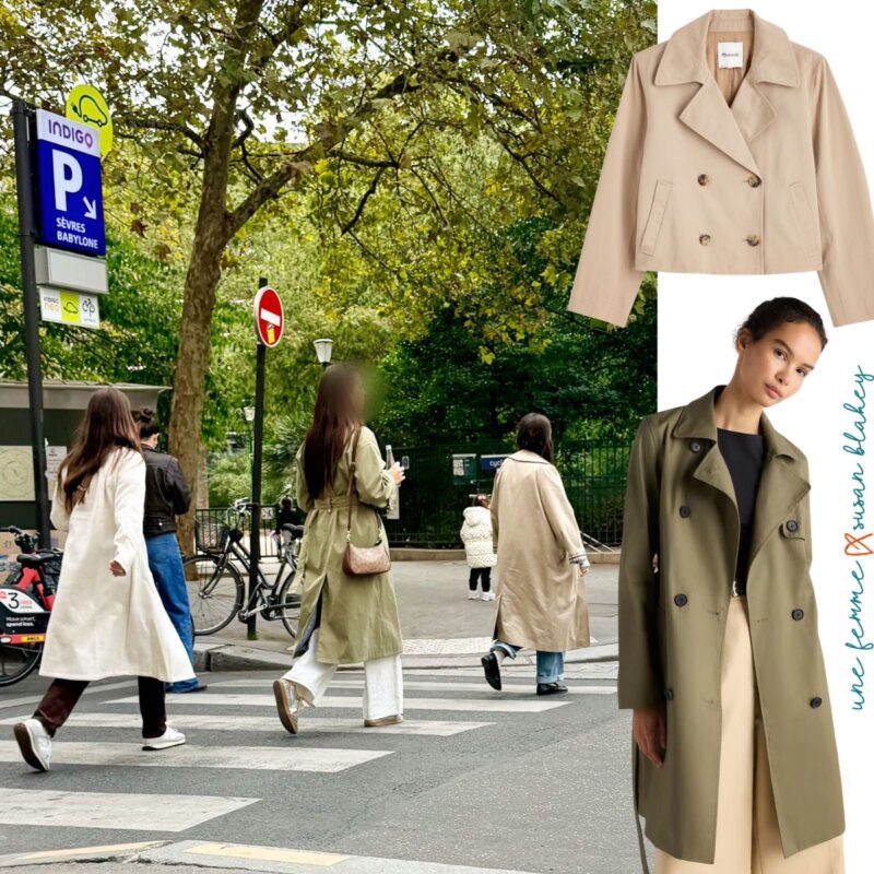 Three people wearing cream, olive, and beige trench coats on a Paris street, alongside product images of a cropped beige trench jacket and a long olive trench coat.
