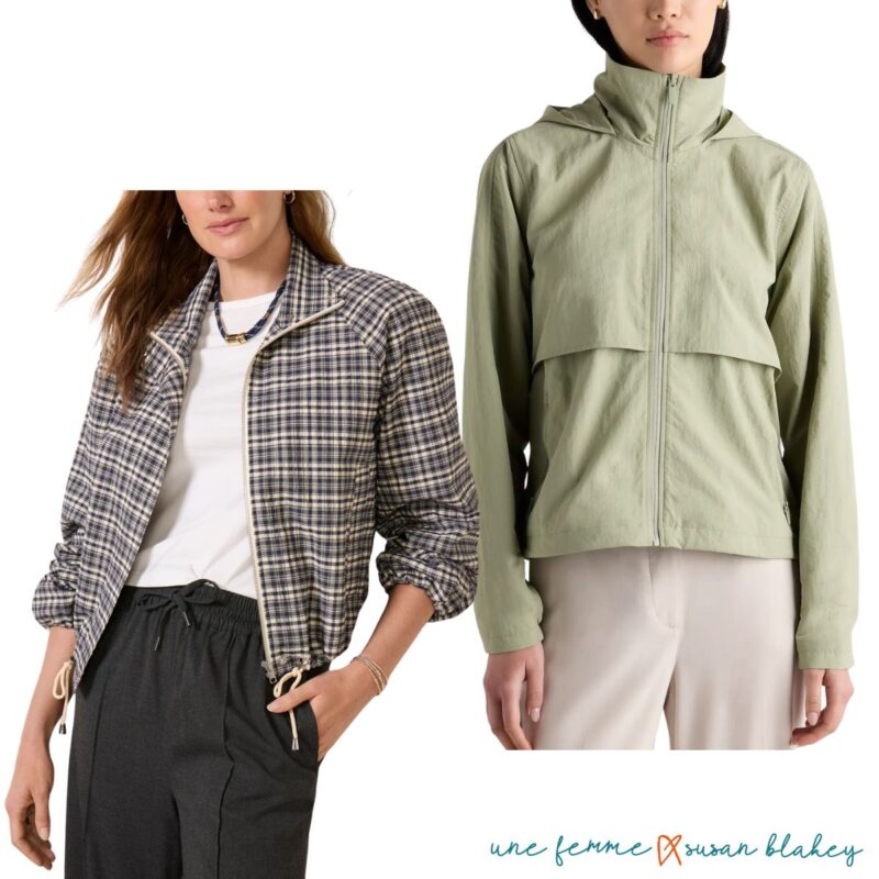 Two women's funnel-neck jackets, one in plaid, one in light green.
