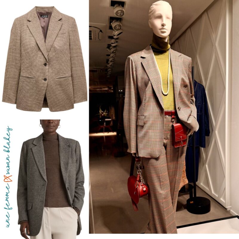 Two women's blazers, one in plaid, one textured dark taupe, alongside a Paris shop window with a plaid blazer.