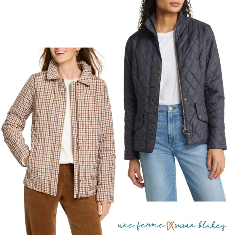 Two women's quilted jackets, one in brown plaid, and one navy.