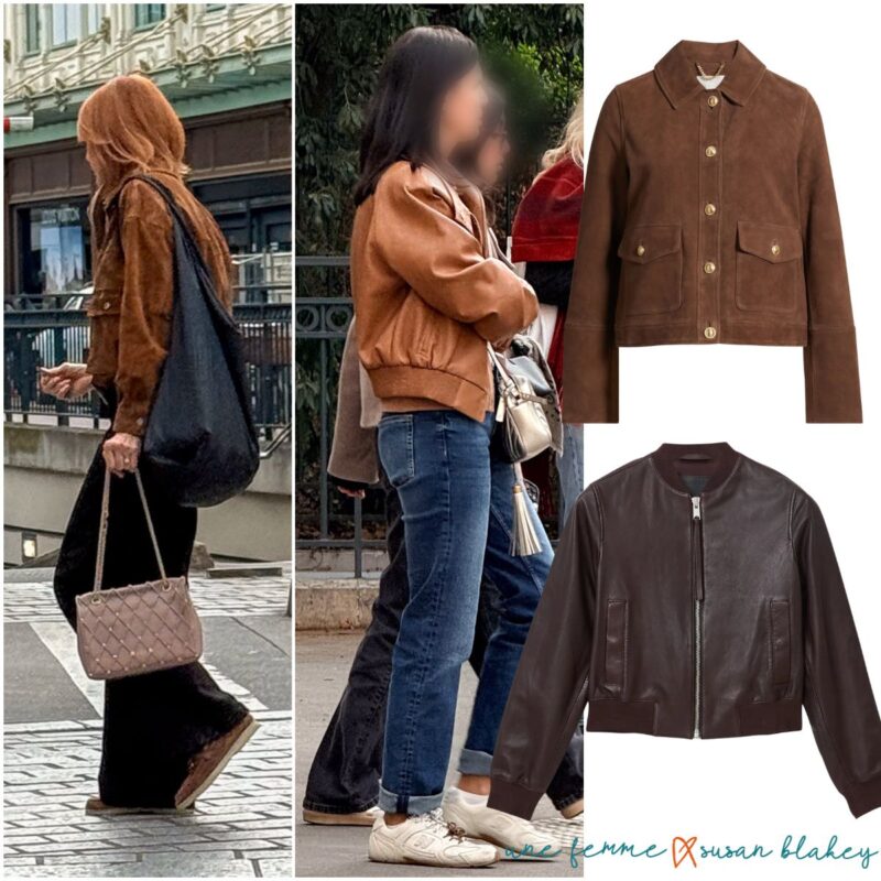 Two women in Paris wearing brown suede and leather jackets with brown suede and oxblood leather jacket product images.